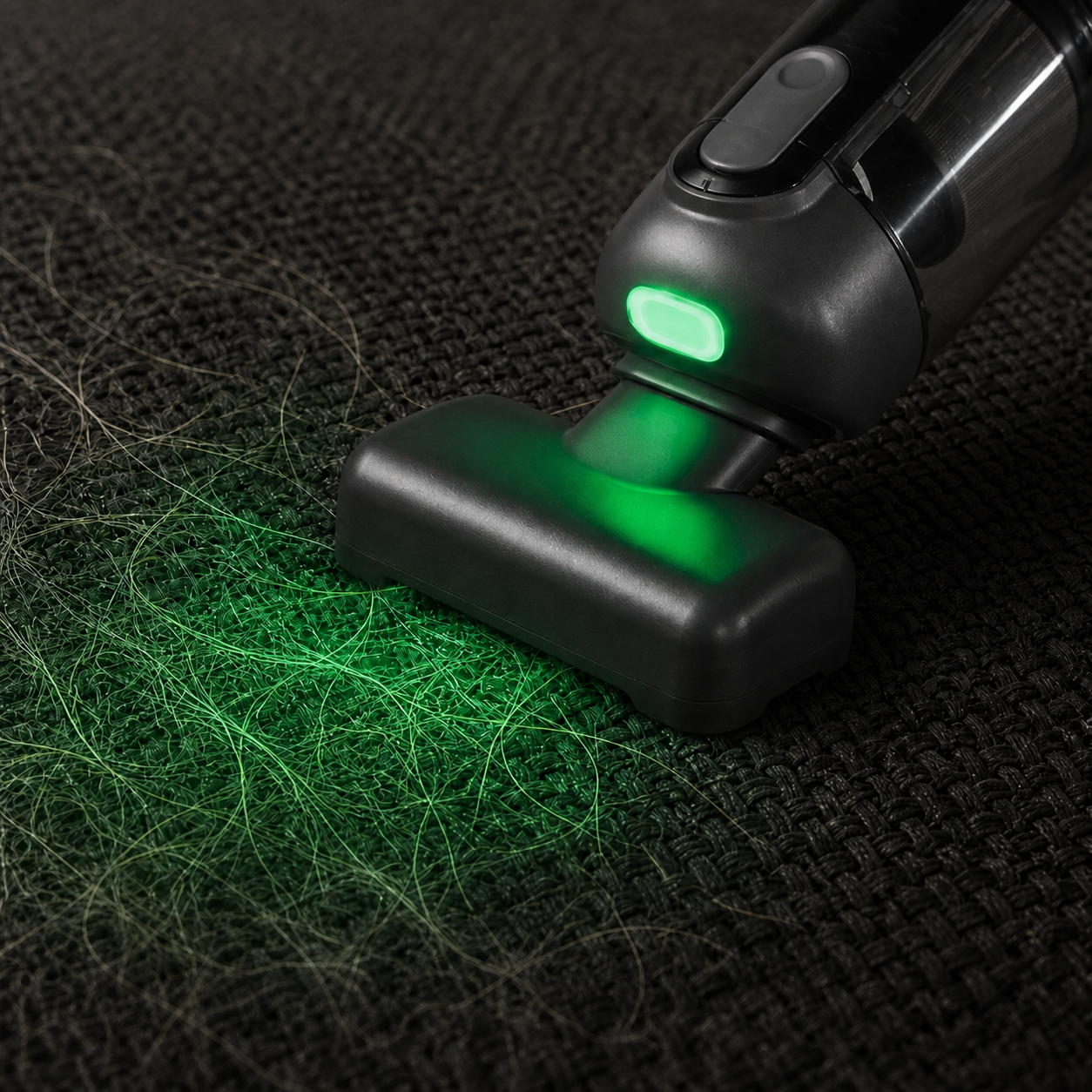 Guu Vision 2.0 handheld vacuum using green LED light to find and remove embedded pet hair from dark upholstery.