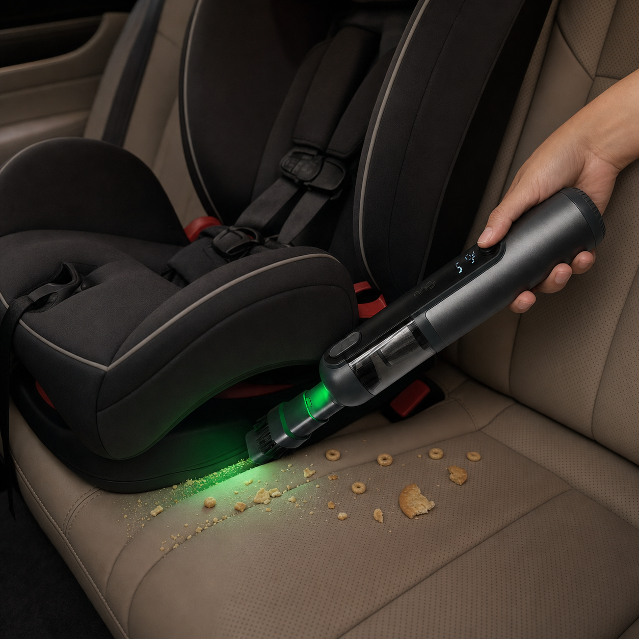 Precision cleaning of a baby car seat using the Guu handheld vacuum's green dust-reveal light to find hidden crumbs in crevices.