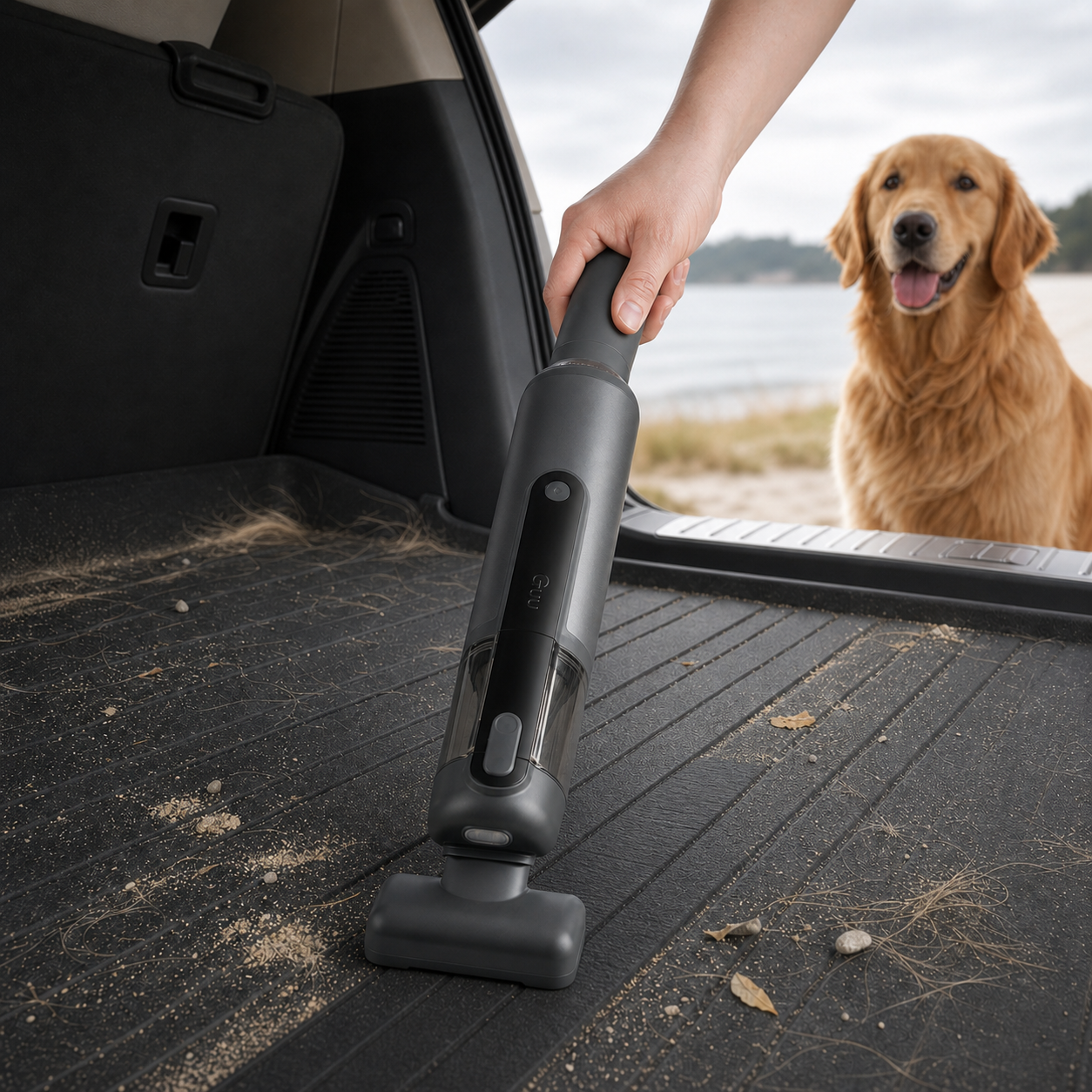 Guu Vision 2.0 cordless car vacuum cleaning heavy sand, stones, and pet hair from a car trunk and interior.