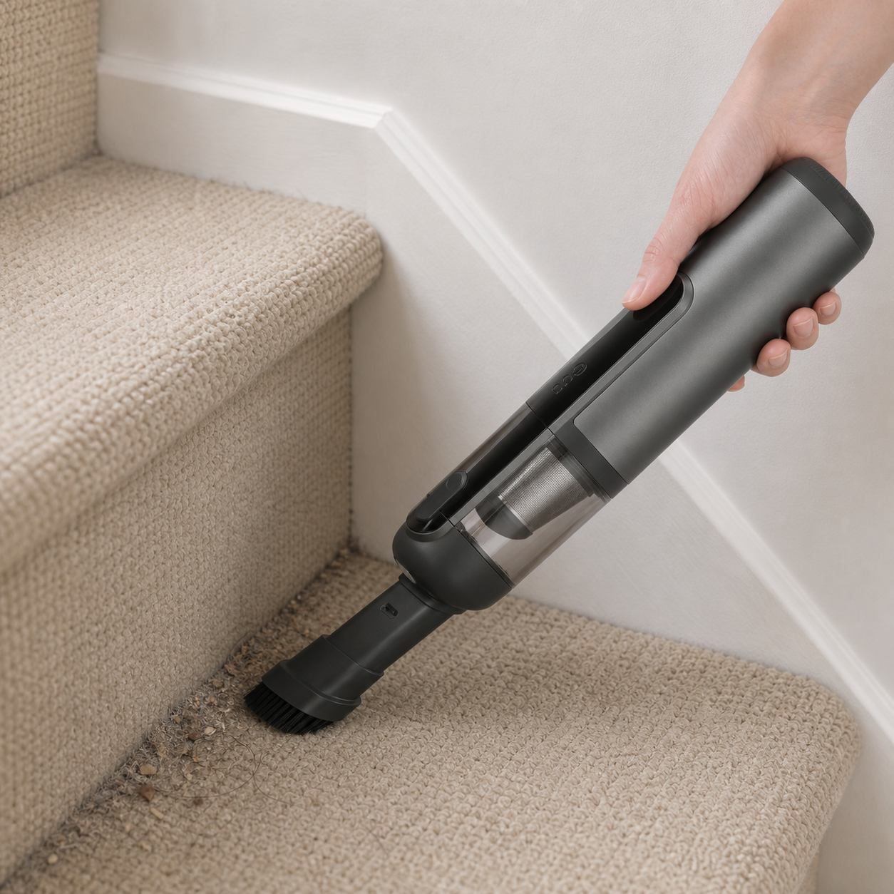 Using the Guu Vision 2.0 portable vacuum to effectively clean dust and debris from tight stair crevices.