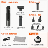 Complete 4-in-1 accessory kit for the Guu Vision 2.0 handheld vacuum, replacing multiple cleaning tools with one versatile device.