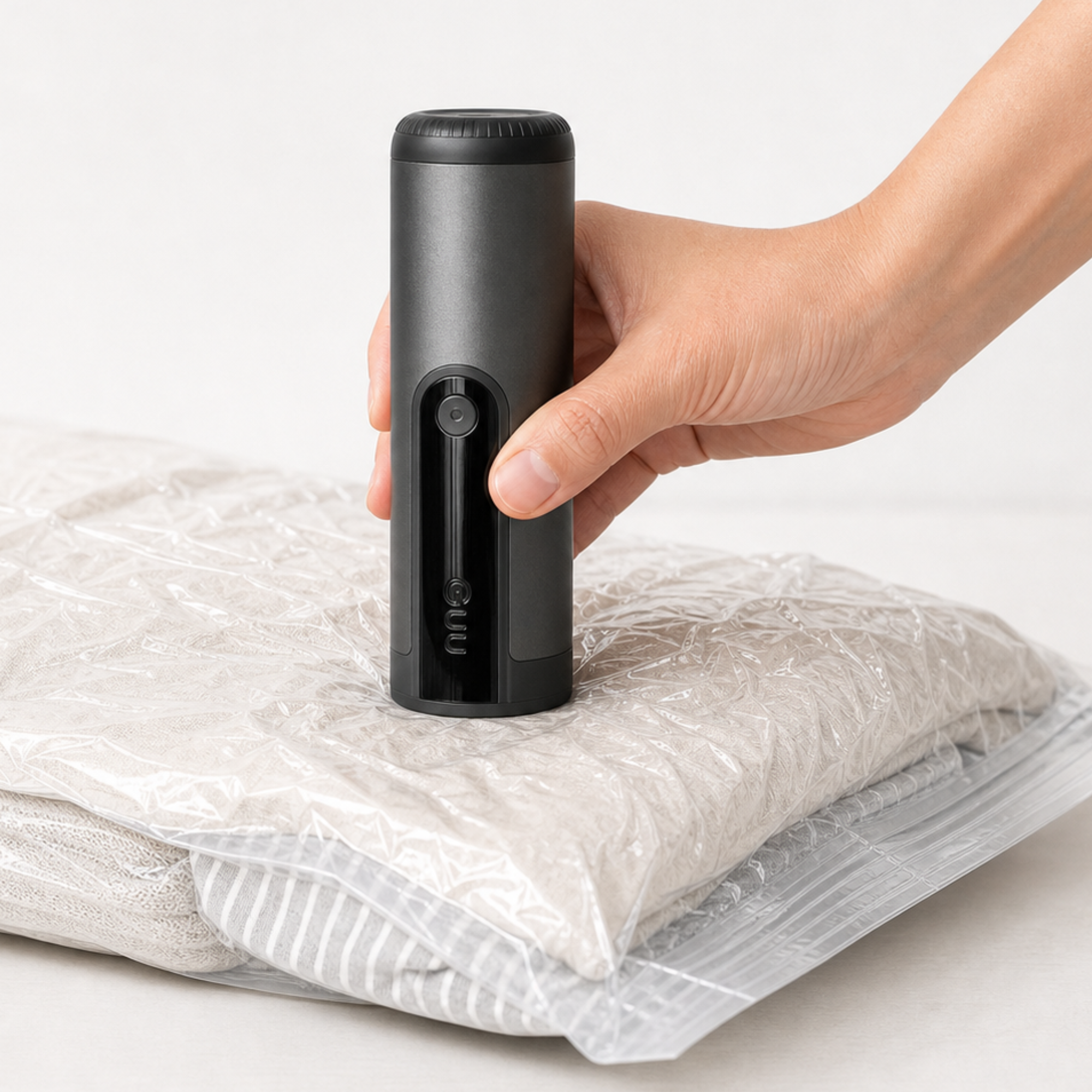 Using the Guu handheld vacuum to deflate space-saving compression bags, replacing the need for a separate vacuum pump.