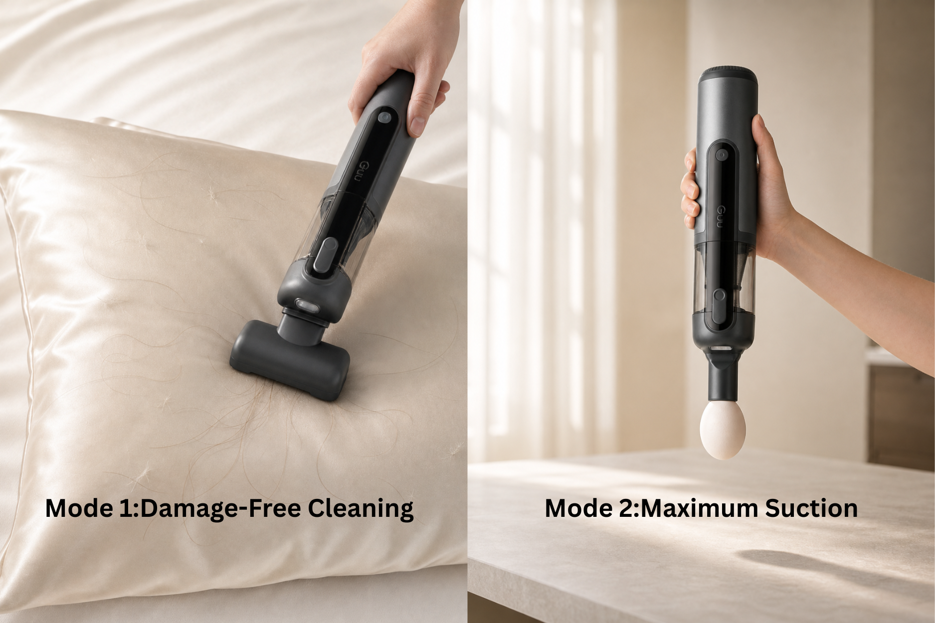 Guu Vision 2.0 dual cleaning modes featuring a damage-free setting for delicate surfaces and a max power mode strong enough to lift an egg.