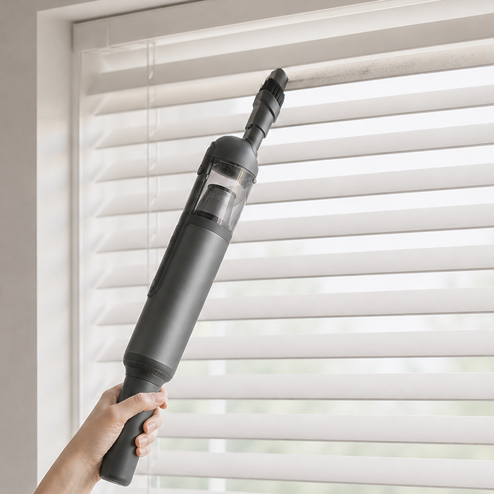 Guu cordless vacuum equipped with an extension wand to easily reach and clean dust from high window blinds.