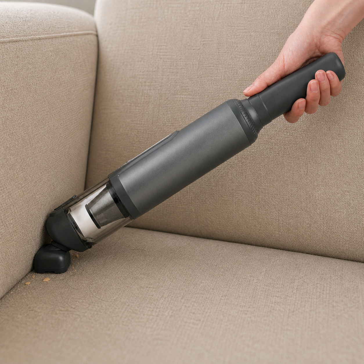 Guu powerful handheld vacuum easily removing pet hair, food crumbs, and dust from deep sofa crevices.