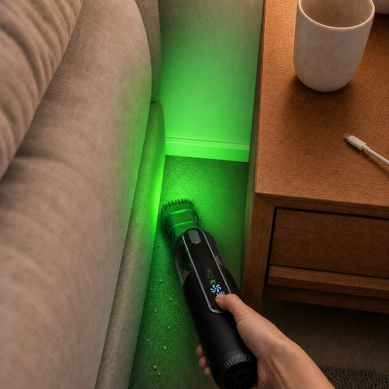 Guu Vision 2.0 cordless vacuum using the green dust-reveal light to spot and clean hidden dirt in a dark, narrow space.