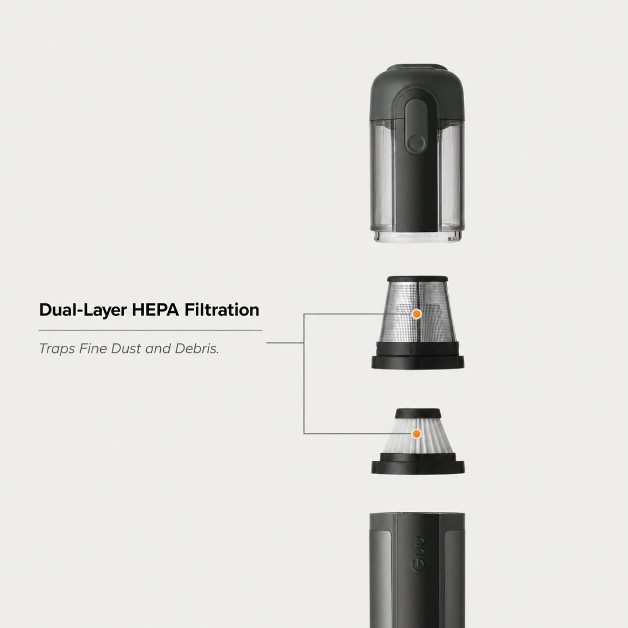 High-efficiency hygienic filter of the Guu Vision 2.0 handheld vacuum, designed to securely trap fine dust and allergens.
