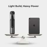 Guu Vision 2.0 lightweight cordless vacuum balanced on a scale with an iPad, demonstrating its ultra-lightweight design for easy handling.
