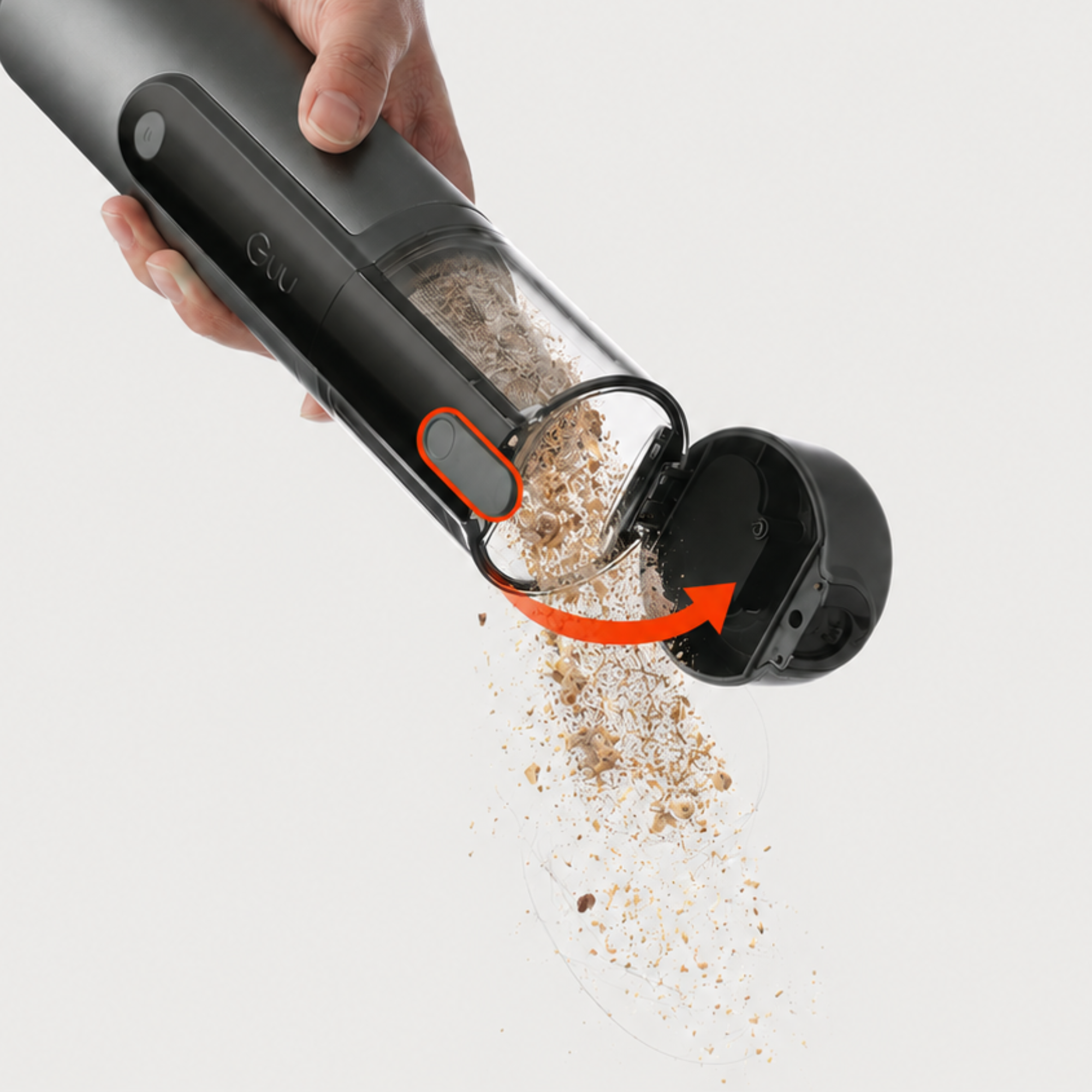 Hands-free, one-click dustbin emptying feature of the Guu Vision 2.0, allowing users to release dirt and hair without touching the mess.