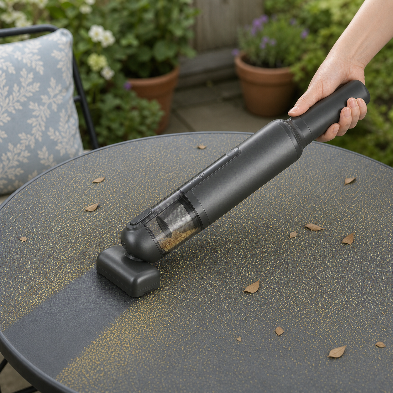 Guu portable handheld vacuum being used outdoors to quickly clean pollen and fine dust from garden furniture.