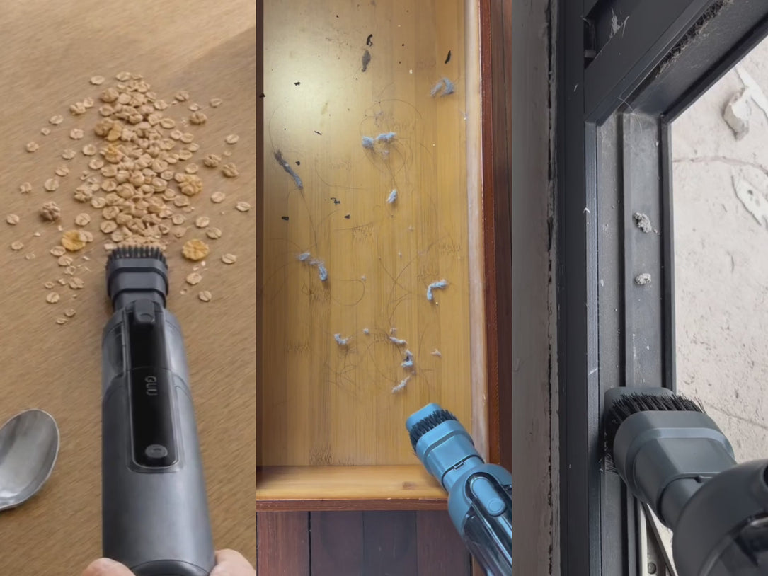 Guu Vision 2.0 handheld vacuum cleaning food crumbs from a desk, hair from a drawer, and heavy pebbles from window tracks, reaching tight spaces large vacuums cannot.